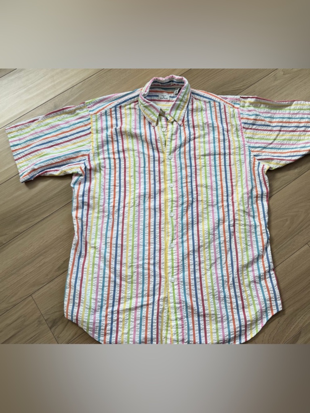 Maus & Hoffman Rainbow Multicolor Striped Seersucker Short-Sleeve Men’s Shirt L